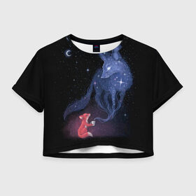 Женская футболка Crop-top 3D с принтом Лиса и ее дух в Курске, 100% полиэстер | круглая горловина, длина футболки до линии талии, рукава с отворотами | fox | moon | stars | дух | звезды | лес | леса | лиса | лиса и лес | лисичка | лисичка в лесу | лисички в космосе | лисы | луна | небо | ночное небо | с лисами | темнота