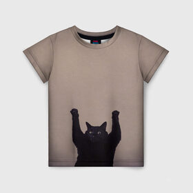 Детская футболка 3D с принтом Кот сдается в Курске, 100% гипоаллергенный полиэфир | прямой крой, круглый вырез горловины, длина до линии бедер, чуть спущенное плечо, ткань немного тянется | cat | арест | испуг | кот | руки вверх | черный кот