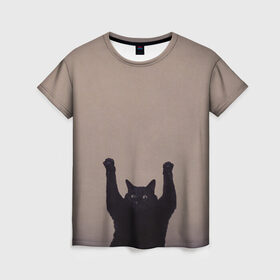 Женская футболка 3D с принтом Кот сдается в Курске, 100% полиэфир ( синтетическое хлопкоподобное полотно) | прямой крой, круглый вырез горловины, длина до линии бедер | cat | арест | испуг | кот | руки вверх | черный кот