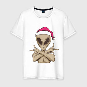Мужская футболка хлопок с принтом Alien Santa в Курске, 100% хлопок | прямой крой, круглый вырез горловины, длина до линии бедер, слегка спущенное плечо. | 
