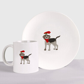 Набор: тарелка + кружка с принтом Новогодний Бигль в Курске, керамика | Кружка: объем — 330 мл, диаметр — 80 мм. Принт наносится на бока кружки, можно сделать два разных изображения. 
Тарелка: диаметр - 210 мм, диаметр для нанесения принта - 120 мм. | 2021 | бигль | зима | зимняя собака | милый | нарядная собака | новогодний щенок | новый год | подарок | собака | собака в шапке | шарф | щенок | щенок с шарфом