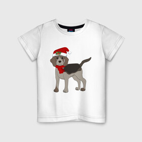Детская футболка хлопок с принтом Новогодний Бигль в Курске, 100% хлопок | круглый вырез горловины, полуприлегающий силуэт, длина до линии бедер | 2021 | бигль | зима | зимняя собака | милый | нарядная собака | новогодний щенок | новый год | подарок | собака | собака в шапке | шарф | щенок | щенок с шарфом