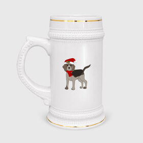 Кружка пивная с принтом Новогодний Бигль в Курске,  керамика (Материал выдерживает высокую температуру, стоит избегать резкого перепада температур) |  объем 630 мл | Тематика изображения на принте: 2021 | бигль | зима | зимняя собака | милый | нарядная собака | новогодний щенок | новый год | подарок | собака | собака в шапке | шарф | щенок | щенок с шарфом
