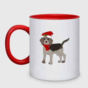 Кружка двухцветная с принтом Новогодний Бигль в Курске, керамика | объем — 330 мл, диаметр — 80 мм. Цветная ручка и кайма сверху, в некоторых цветах — вся внутренняя часть | Тематика изображения на принте: 2021 | бигль | зима | зимняя собака | милый | нарядная собака | новогодний щенок | новый год | подарок | собака | собака в шапке | шарф | щенок | щенок с шарфом