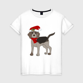 Женская футболка хлопок с принтом Новогодний Бигль в Курске, 100% хлопок | прямой крой, круглый вырез горловины, длина до линии бедер, слегка спущенное плечо | 2021 | бигль | зима | зимняя собака | милый | нарядная собака | новогодний щенок | новый год | подарок | собака | собака в шапке | шарф | щенок | щенок с шарфом