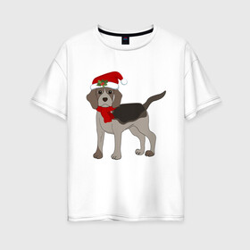 Женская футболка хлопок Oversize с принтом Новогодний Бигль в Курске, 100% хлопок | свободный крой, круглый ворот, спущенный рукав, длина до линии бедер
 | 2021 | бигль | зима | зимняя собака | милый | нарядная собака | новогодний щенок | новый год | подарок | собака | собака в шапке | шарф | щенок | щенок с шарфом
