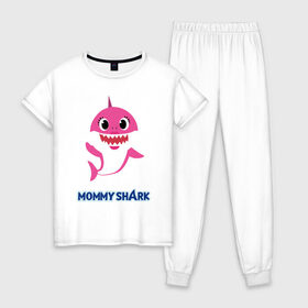 Женская пижама хлопок с принтом Baby Shark Mommy в Курске, 100% хлопок | брюки и футболка прямого кроя, без карманов, на брюках мягкая резинка на поясе и по низу штанин | 