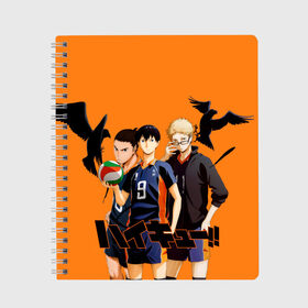 Тетрадь с принтом Haikyu Team в Курске, 100% бумага | 48 листов, плотность листов — 60 г/м2, плотность картонной обложки — 250 г/м2. Листы скреплены сбоку удобной пружинной спиралью. Уголки страниц и обложки скругленные. Цвет линий — светло-серый
 | Тематика изображения на принте: anime | haikyu | karasuno | tyan | аниме | анимэ | волейбол | карасуно | киёко симидзу | корасуно | маленький гигант | онимэ | сёё хината | состав | тобио кагэяма | тян