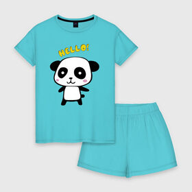 Женская пижама с шортиками хлопок с принтом Милая пандочка в Курске, 100% хлопок | футболка прямого кроя, шорты свободные с широкой мягкой резинкой | маленькая панда | маленькая пандочка | милашка | милая панда | милая пандочка | панда | панда hello | панда милашка | пандочка | пандочка hello | пандочка милашка