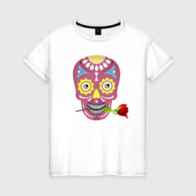 Женская футболка хлопок с принтом Череп с розой в Курске, 100% хлопок | прямой крой, круглый вырез горловины, длина до линии бедер, слегка спущенное плечо | деньмертвых | зубы | мексика | роза | скелет | хэллоуин | цветок | череп