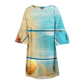 Детское платье 3D с принтом ПИРС 2 в Курске, 100% полиэстер | прямой силуэт, чуть расширенный к низу. Круглая горловина, на рукавах — воланы | дерево | лето | море | песок | пирс | пляж | ракушки