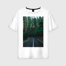 Женская футболка хлопок Oversize с принтом эстетика дороги в Курске, 100% хлопок | свободный крой, круглый ворот, спущенный рукав, длина до линии бедер
 | деревья | дорога | лес | пасмурно | природа | эстетика дороги