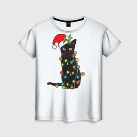 Женская футболка 3D с принтом Новогодний кот в Курске, 100% полиэфир ( синтетическое хлопкоподобное полотно) | прямой крой, круглый вырез горловины, длина до линии бедер | 2021 | белка | гирлянда | год быка | дед мороз | елка | енот | кот | котик | лиса | маска | неон | новогодний кот | новогодняя | новый год | олень | праздник | радуга | рождество | с новым годом | санта
