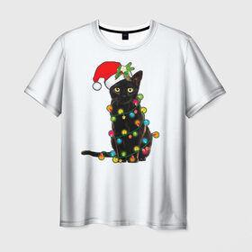 Мужская футболка 3D с принтом Новогодний кот в Курске, 100% полиэфир | прямой крой, круглый вырез горловины, длина до линии бедер | 2021 | белка | гирлянда | год быка | дед мороз | елка | енот | кот | котик | лиса | маска | неон | новогодний кот | новогодняя | новый год | олень | праздник | радуга | рождество | с новым годом | санта