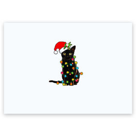 Поздравительная открытка с принтом Новогодний кот в Курске, 100% бумага | плотность бумаги 280 г/м2, матовая, на обратной стороне линовка и место для марки
 | 2021 | белка | гирлянда | год быка | дед мороз | елка | енот | кот | котик | лиса | маска | неон | новогодний кот | новогодняя | новый год | олень | праздник | радуга | рождество | с новым годом | санта