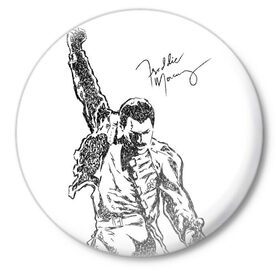 Значок с принтом Freddie Mercury в Курске,  металл | круглая форма, металлическая застежка в виде булавки | Тематика изображения на принте: freddie mercury | queen | автограф | квин | фредди меркьюри