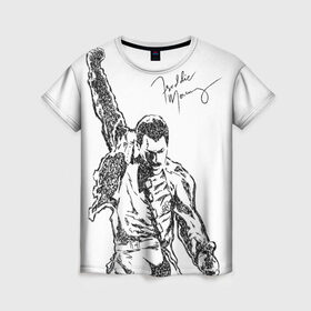 Женская футболка 3D с принтом Freddie Mercury в Курске, 100% полиэфир ( синтетическое хлопкоподобное полотно) | прямой крой, круглый вырез горловины, длина до линии бедер | freddie mercury | queen | автограф | квин | фредди меркьюри