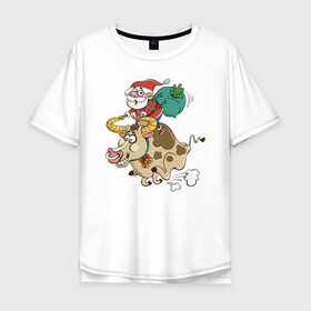Мужская футболка хлопок Oversize с принтом Санта на олене в Курске, 100% хлопок | свободный крой, круглый ворот, “спинка” длиннее передней части | Тематика изображения на принте: 