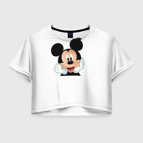 Женская футболка Crop-top 3D с принтом Футболка с Микки Маусом в Курске, 100% полиэстер | круглая горловина, длина футболки до линии талии, рукава с отворотами | disney | белая футболка
