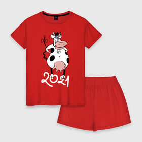 Женская пижама с шортиками хлопок с принтом Корова 2021 в Курске, 100% хлопок | футболка прямого кроя, шорты свободные с широкой мягкой резинкой | 