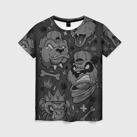 Женская футболка 3D с принтом CRAZY ANIMALS в Курске, 100% полиэфир ( синтетическое хлопкоподобное полотно) | прямой крой, круглый вырез горловины, длина до линии бедер | бульдог | головы животных | медведь | мультяшные животные | обезьяна | панда | собака
