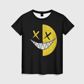 Женская футболка 3D с принтом SMILE в Курске, 100% полиэфир ( синтетическое хлопкоподобное полотно) | прямой крой, круглый вырез горловины, длина до линии бедер | глаза крестики | злой смайл | зубы | контраст | смайл | эмоция