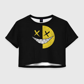 Женская футболка Crop-top 3D с принтом SMILE в Курске, 100% полиэстер | круглая горловина, длина футболки до линии талии, рукава с отворотами | глаза крестики | злой смайл | зубы | контраст | смайл | эмоция