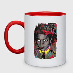 Кружка двухцветная с принтом Jean Michel Basquiat в Курске, керамика | объем — 330 мл, диаметр — 80 мм. Цветная ручка и кайма сверху, в некоторых цветах — вся внутренняя часть | art | eyes | guy | jean michel basquiat | глаза | жан мишель баския | искусство | парень