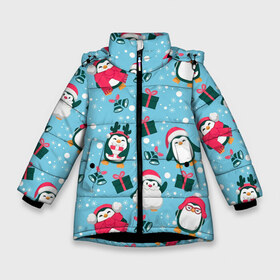 Зимняя куртка для девочек 3D с принтом Новогодние Пингвины в Курске, ткань верха — 100% полиэстер; подклад — 100% полиэстер, утеплитель — 100% полиэстер. | длина ниже бедра, удлиненная спинка, воротник стойка и отстегивающийся капюшон. Есть боковые карманы с листочкой на кнопках, утяжки по низу изделия и внутренний карман на молнии. 

Предусмотрены светоотражающий принт на спинке, радужный светоотражающий элемент на пуллере молнии и на резинке для утяжки. | Тематика изображения на принте: 2021 | белка | гирлянда | год быка | дед мороз | детская | дочка | елка | енот | кот | котик | лиса | маска | милая | неон | новогодняя | новый год | олень | паттерн | пингвин | подарок | праздник | радуга