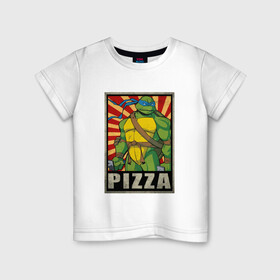 Детская футболка хлопок с принтом Pizza Turtles в Курске, 100% хлопок | круглый вырез горловины, полуприлегающий силуэт, длина до линии бедер | donatello | leonardo | michelangelo | ninja | raphael | turtles | воин | донателло | животные | карате | комикс | комиксы | крэнг | леонардо | микеланджело | мультфильм | мутант | мутанты | ниндзя | пицца | рафаэль | сплинтер