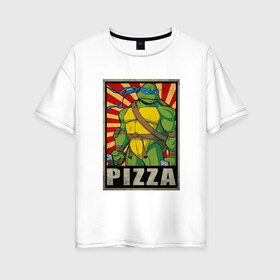 Женская футболка хлопок Oversize с принтом Pizza Turtles в Курске, 100% хлопок | свободный крой, круглый ворот, спущенный рукав, длина до линии бедер
 | donatello | leonardo | michelangelo | ninja | raphael | turtles | воин | донателло | животные | карате | комикс | комиксы | крэнг | леонардо | микеланджело | мультфильм | мутант | мутанты | ниндзя | пицца | рафаэль | сплинтер