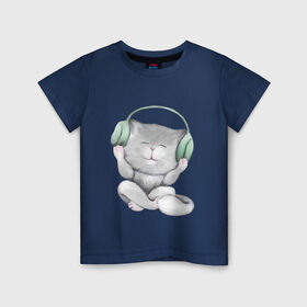 Детская футболка хлопок с принтом Котенок меломан в Курске, 100% хлопок | круглый вырез горловины, полуприлегающий силуэт, длина до линии бедер | зеленый | котенок | малыш | музыка | наушники | пушистый | ребенок | серый