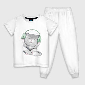 Детская пижама хлопок с принтом Котенок меломан в Курске, 100% хлопок |  брюки и футболка прямого кроя, без карманов, на брюках мягкая резинка на поясе и по низу штанин
 | зеленый | котенок | малыш | музыка | наушники | пушистый | ребенок | серый