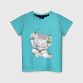 Детская футболка хлопок с принтом Котенок меломан в Курске, 100% хлопок | круглый вырез горловины, полуприлегающий силуэт, длина до линии бедер | зеленый | кот | котенок | малыш | музыка | наушники | пушистый | серый