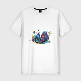 Мужская футболка хлопок Slim с принтом Мечтательная рыба в Курске, 92% хлопок, 8% лайкра | приталенный силуэт, круглый вырез ворота, длина до линии бедра, короткий рукав | аквариум | арт | космос | мечта | мечтатель | невесомость | парение | рисунок | рыба | художник