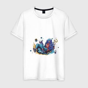 Мужская футболка хлопок с принтом Мечтательная рыба в Курске, 100% хлопок | прямой крой, круглый вырез горловины, длина до линии бедер, слегка спущенное плечо. | аквариум | арт | космос | мечта | мечтатель | невесомость | парение | рисунок | рыба | художник