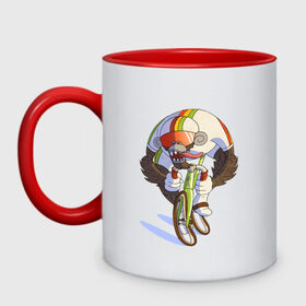 Кружка двухцветная с принтом Безумный велосипедист в Курске, керамика | объем — 330 мл, диаметр — 80 мм. Цветная ручка и кайма сверху, в некоторых цветах — вся внутренняя часть | арт | велосипед | велосипедист | обезьяна | рисунок | спортсмен