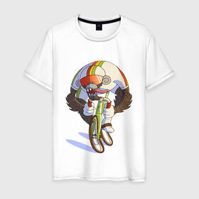 Мужская футболка хлопок с принтом Безумный велосипедист в Курске, 100% хлопок | прямой крой, круглый вырез горловины, длина до линии бедер, слегка спущенное плечо. | арт | велосипед | велосипедист | обезьяна | рисунок | спортсмен