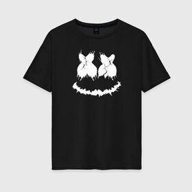 Женская футболка хлопок Oversize с принтом Marshmello Dark Smile в Курске, 100% хлопок | свободный крой, круглый ворот, спущенный рукав, длина до линии бедер
 | Тематика изображения на принте: dark smile | dj marshmello | halloween | marshmallo | marshmello | pop art | smile | глаза и рот | диджей маршмелло | зефир | злой marshmello | маршмелло | маршмеллоу | маршмело | смайлик | улыбка | хэллоуин | хэлуин