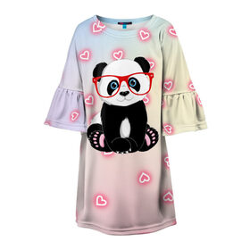 Детское платье 3D с принтом Милая пандочка в Курске, 100% полиэстер | прямой силуэт, чуть расширенный к низу. Круглая горловина, на рукавах — воланы | маленькая панда | маленькая пандочк | милая панда | милая пандочка | панда | панда в красных очках | панда в очках | панда очки | панда сердечки | панда сердце | пандочка | пандочка в красных очках