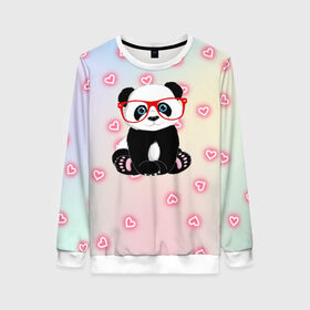 Женский свитшот 3D с принтом Милая пандочка в Курске, 100% полиэстер с мягким внутренним слоем | круглый вырез горловины, мягкая резинка на манжетах и поясе, свободная посадка по фигуре | маленькая панда | маленькая пандочк | милая панда | милая пандочка | панда | панда в красных очках | панда в очках | панда очки | панда сердечки | панда сердце | пандочка | пандочка в красных очках