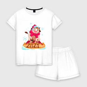 Женская пижама с шортиками хлопок с принтом Бычок 2021 в Курске, 100% хлопок | футболка прямого кроя, шорты свободные с широкой мягкой резинкой | 