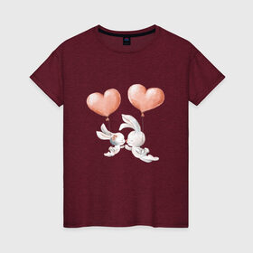 Женская футболка хлопок с принтом Пара влюбленных зайчиков в Курске, 100% хлопок | прямой крой, круглый вырез горловины, длина до линии бедер, слегка спущенное плечо | зайчики | любовь | пара | розовый | сердце | серый | шарики