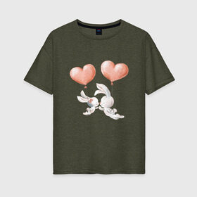 Женская футболка хлопок Oversize с принтом Пара влюбленных зайчиков в Курске, 100% хлопок | свободный крой, круглый ворот, спущенный рукав, длина до линии бедер
 | зайчики | любовь | пара | розовый | сердце | серый | шарики