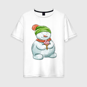 Женская футболка хлопок Oversize с принтом Снеговик с мороженным в Курске, 100% хлопок | свободный крой, круглый ворот, спущенный рукав, длина до линии бедер
 | 