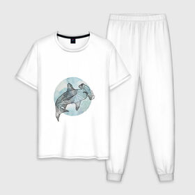 Мужская пижама хлопок с принтом Акула-молот в Курске, 100% хлопок | брюки и футболка прямого кроя, без карманов, на брюках мягкая резинка на поясе и по низу штанин
 | circle | graphics | moon | shark | watercolor | акварель | акула | графика | круг | луна