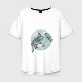 Мужская футболка хлопок Oversize с принтом Акула-молот в Курске, 100% хлопок | свободный крой, круглый ворот, “спинка” длиннее передней части | circle | graphics | moon | shark | watercolor | акварель | акула | графика | круг | луна