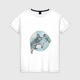 Женская футболка хлопок с принтом Акула-молот в Курске, 100% хлопок | прямой крой, круглый вырез горловины, длина до линии бедер, слегка спущенное плечо | circle | graphics | moon | shark | watercolor | акварель | акула | графика | круг | луна