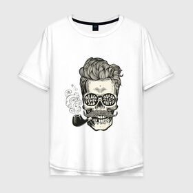 Мужская футболка хлопок Oversize с принтом Стильный барбер в Курске, 100% хлопок | свободный крой, круглый ворот, “спинка” длиннее передней части | barber | pipe | skull | smoke | барбер | дым | очки | трубка | череп