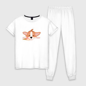 Женская пижама хлопок с принтом Корги в Курске, 100% хлопок | брюки и футболка прямого кроя, без карманов, на брюках мягкая резинка на поясе и по низу штанин | 
